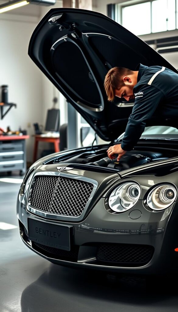A well-lit, detailed image of a 2005 Bentley Continental GT undergoing routine maintenance. The car is situated in a clean, modern workshop with ample natural lighting. The camera focuses on the front end, showcasing the iconic grille and headlights. A mechanic wearing a IsCarOk uniform is bent over the open hood, inspecting the engine components. Tools and parts are neatly arranged on a nearby workbench. The overall atmosphere conveys a sense of precision, care, and attention to detail characteristic of Bentley's renowned service.