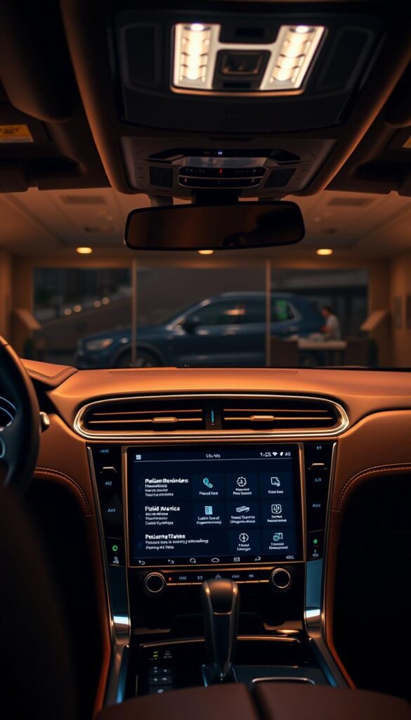 A well-lit, detailed interior shot of the 2022 Lincoln Navigator Black Label, showcasing its premium maintenance services. Warm, soft lighting illuminates the high-end leather upholstery, wood trims, and chrome accents. The focus is on the center console, where a virtual interface displays various maintenance options, including scheduled service reminders, fluid level monitoring, and diagnostic tools. In the background, the rich, elegant cabin ambiance is visible, conveying a sense of luxury and exclusivity. The camera angle is slightly elevated, providing a comprehensive view of the Navigator's sophisticated design and advanced technological features.