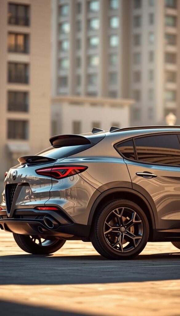 A well-lit, detailed side-profile view of an Alfa Romeo Stelvio Quadrifoglio SUV, showcasing its sleek, aerodynamic design. The vehicle is positioned against a blurred, out-of-focus urban background, with the focal point being the car's fuel efficiency-optimized components, such as its streamlined bodywork, active grille shutters, and underbody panels. The lighting is warm and natural, accentuating the Stelvio's elegant lines and premium materials. The overall composition conveys a sense of high-performance capability combined with environmental responsibility.