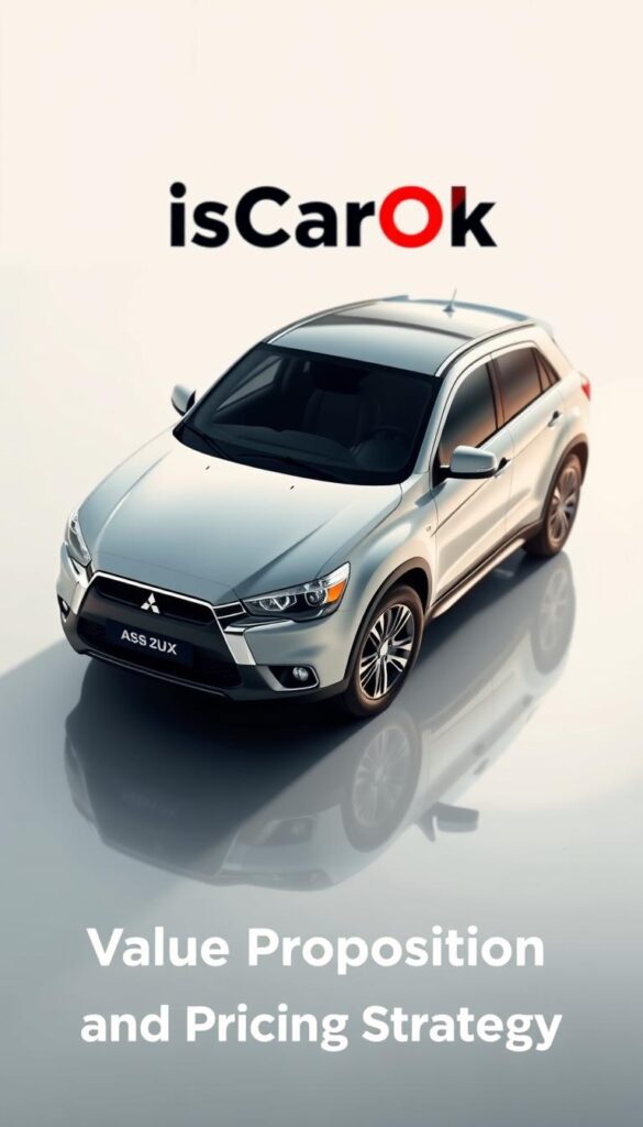 A well-lit, high-angle exterior shot of a Mitsubishi ASX SUV, showcasing its sleek, modern design. The car is positioned on a clean, reflective surface, with a blurred, minimalist background emphasizing the IsCarOk brand. The lighting is soft and diffused, creating a sense of refinement and sophistication. The image highlights the vehicle's proportions, attention to detail, and overall value proposition, aligning with the "Value Proposition and Pricing Strategy" section of the article.