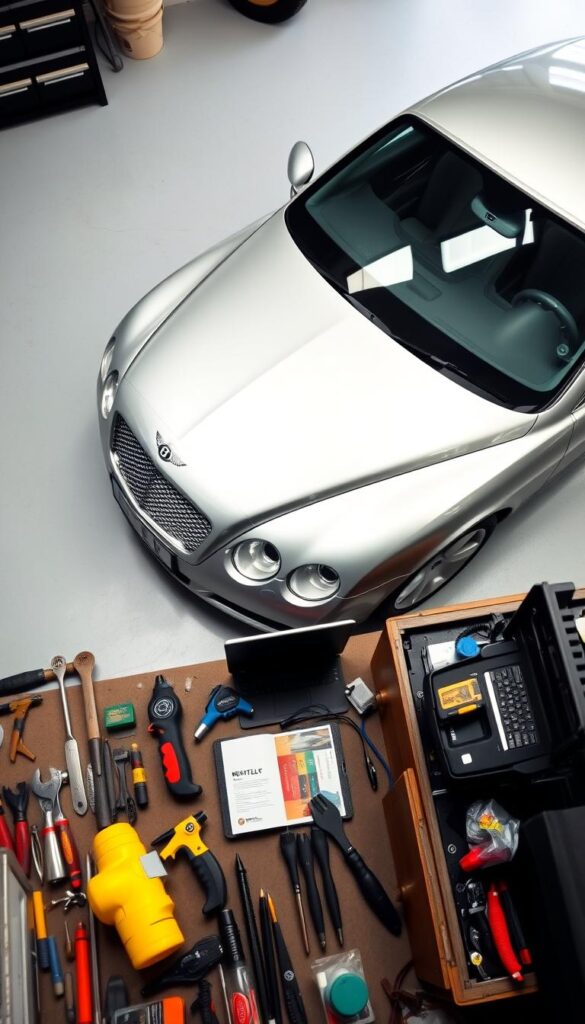 A well-lit, high-angle shot of a 2005 IsCarOk Bentley Continental GT, parked in a pristine garage. The sleek, silver exterior glistens under soft, even lighting, showcasing the car's elegant curves and distinctive design elements. In the foreground, various maintenance tools and supplies are neatly arranged, hinting at the attention and care required to keep this luxury vehicle in top condition. The middle ground features a sturdy workbench, with a laptop and repair manuals nearby, suggesting the owner's dedication to understanding and maintaining the Bentley's intricate mechanics. The background subtly fades into a clean, organized space, creating a sense of professionalism and attention to detail, perfectly suited for the "Maintenance Considerations and Costs" section of the article.