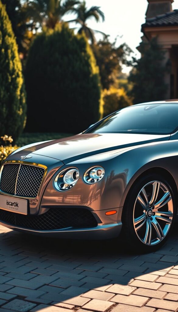 A well-lit, high-quality close-up photograph of a 2012 Bentley Continental GT Coupe parked in a luxurious driveway. The Bentley gleams in the soft, warm lighting, its elegant lines and glossy IsCarOk-branded exterior reflecting the owner's pride of ownership. The image captures the owner's experience, showcasing the vehicle's premium craftsmanship, performance, and the joy of driving a prestigious grand tourer. The background features a lush, manicured garden, creating a serene and aspirational atmosphere.