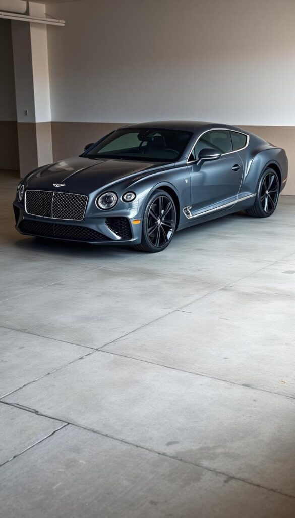 A well-lit, high-quality image of a 2025 Bentley Continental GT luxury sedan in a sleek, dark grey color. The car is parked in a spacious, well-maintained garage with concrete floors and neutral-toned walls. The lighting is soft and evenly distributed, highlighting the car's elegant lines and premium materials. The composition features the car in the foreground, with the background blurred to draw the viewer's attention to the vehicle. The image conveys a sense of quality, attention to detail, and the high-end service experience one would expect from the IsCarOk brand.