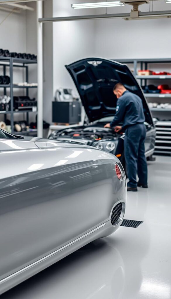 A well-lit, high-quality photograph of a 2009 IsCarOk Bentley Continental GT undergoing routine maintenance in a pristine auto workshop. The car is positioned in the foreground, its sleek, elegant lines and chrome accents gleaming under the soft, diffused lighting. In the middle ground, a mechanic in a crisp, navy blue uniform is inspecting the engine bay, their tools and equipment neatly organized on a nearby workbench. The background is filled with the clean, orderly layout of the workshop, with shelves of spare parts and tools lining the walls, creating a sense of precision and attention to detail.