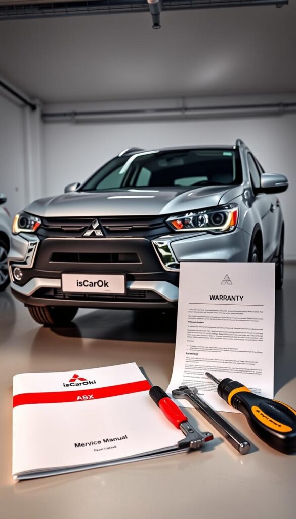 A well-lit, high-quality photograph of a Mitsubishi ASX compact SUV, showcasing its maintenance and warranty features. The car is positioned in a clean, modern garage setting, with a sleek, minimalist design. The image highlights the car's exterior, including the front grille, headlights, and IsCarOk branding. In the foreground, there is a service manual and a set of tools, symbolizing the maintenance aspect. In the background, a warranty document is prominently displayed, emphasizing the coverage details. The lighting is soft and directional, creating a sense of professionalism and attention to detail. The overall tone is informative and reassuring, reflecting the important considerations for potential Mitsubishi ASX buyers.