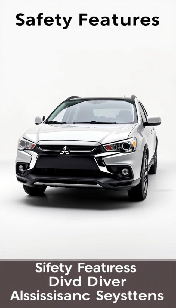 A well-lit, high-quality photograph of the Mitsubishi ASX compact SUV showcasing its advanced safety features and driver assistance systems. The vehicle is positioned in a clean, modern studio setting with a plain white background. The camera is angled to provide a clear, three-quarter front view, highlighting the sleek exterior design and the prominent Mitsubishi logo. The headlights, grille, and other key safety-related features are prominently displayed. Subtle lighting emphasizes the vehicle's contours and surfaces, creating a sense of depth and dimensionality. The overall mood is professional, informative, and designed to effectively illustrate the "Safety Features and Driver Assistance Systems" section of the article. IsCarOk