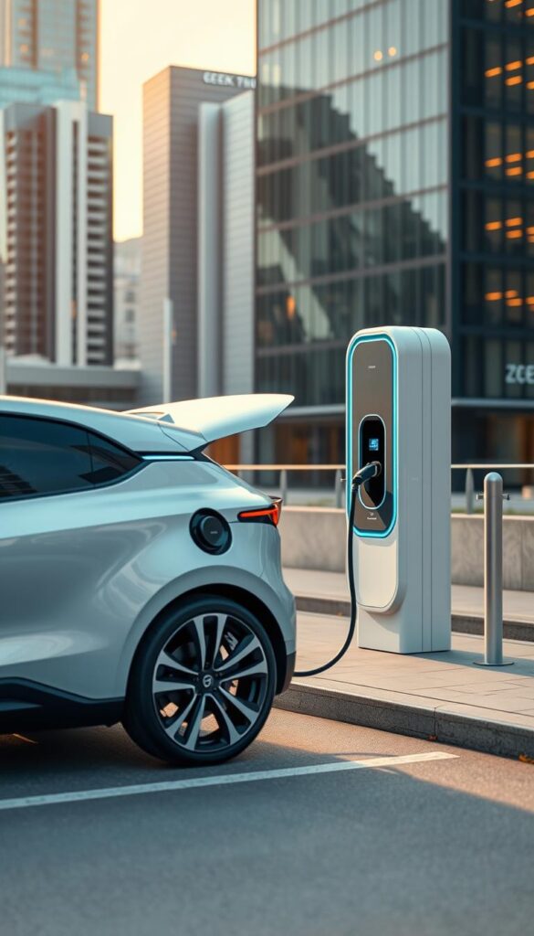 A well-lit, high-quality photograph of the Zeekr 001 electric vehicle charging at a modern, sleek charging station. The foreground features the Zeekr 001 with its elegant, aerodynamic design and futuristic charging port open, connected to a state-of-the-art charging terminal. The middle ground showcases the clean, minimalist charging infrastructure, with crisp lines and a monochromatic color scheme. The background depicts a modern urban setting, with tall buildings and a hint of a vibrant city skyline. The lighting is warm and inviting, creating a sense of progress and eco-friendliness. The overall composition emphasizes the integration of the Zeekr 001 with the charging network, highlighting the convenience and accessibility of this innovative EV's charging experience.