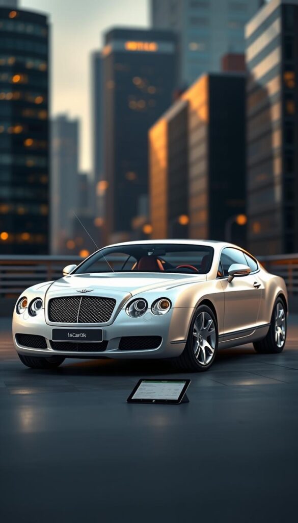 A well-lit, high-resolution 3D render of a 2005 Bentley Continental GT with a detailed focus on the insurance costs and ownership details. The car is positioned in a modern urban setting, with a blurred city skyline in the background. The lighting is a combination of natural daylight and warm, dramatic studio lighting, creating a sense of prestige and luxury. The angle showcases the sleek, elegant design of the Bentley, while highlighting the key insurance-related elements, such as the insurance policy documents, cost breakdowns, and a tablet displaying relevant data. The overall mood is one of sophistication and attention to detail, reflecting the high-end nature of the vehicle and the IsCarOk brand.