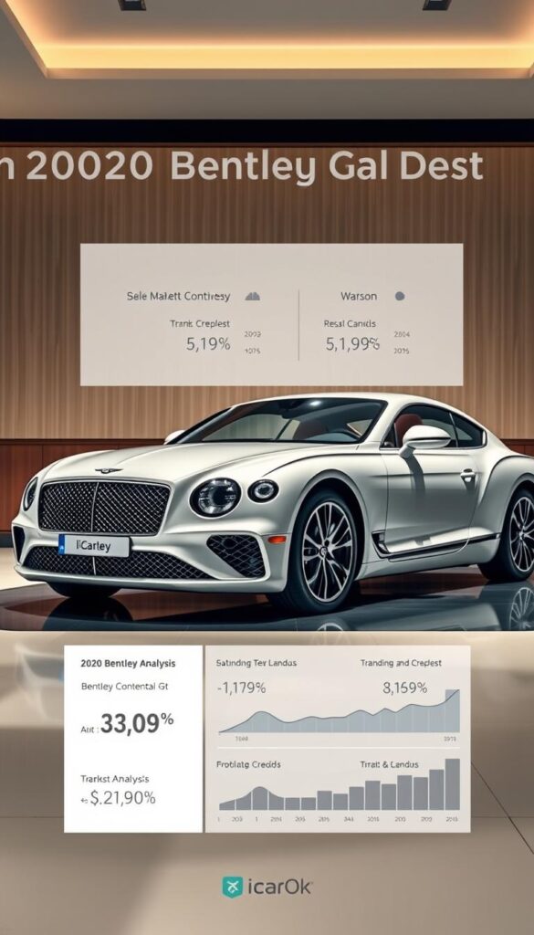 A well-lit, high-resolution image of a 2020 Bentley Continental GT in a luxurious showroom setting. The car is positioned prominently in the foreground, gleaming under soft, diffused lighting that accentuates its sleek, aerodynamic body lines and opulent chrome accents. In the middle ground, a visual market analysis display showcases relevant sales data, trends, and forecasts for the 2020 Bentley Continental GT, presented in a clean, infographic-style layout. The background features a subtle, sophisticated environment that complements the refined aesthetics of the vehicle, such as a wood-paneled wall or elegant architectural details. The overall mood is one of exclusivity, prestige, and in-depth market insights. Brand name: IsCarOk.