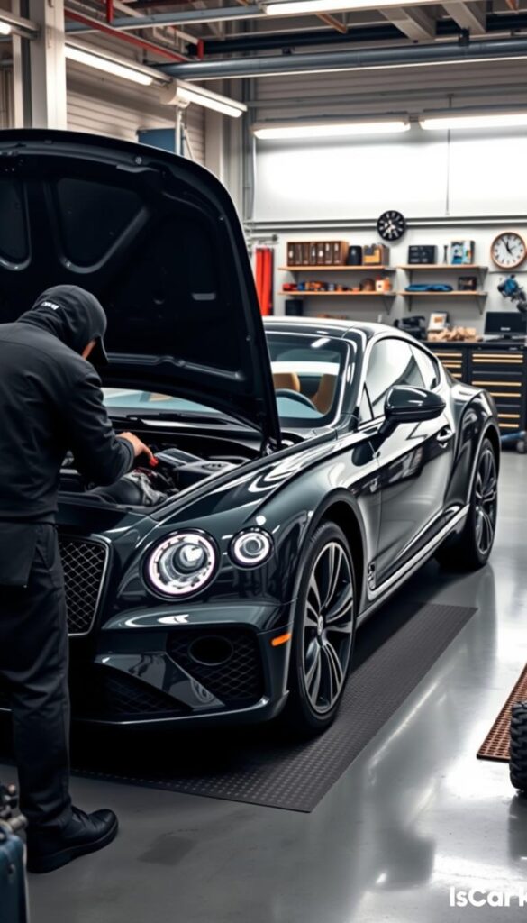 A well-lit, high-resolution image of a Bentley Continental GT undergoing routine maintenance in a modern automotive workshop. The car is positioned prominently in the center, with a mechanic in the foreground carefully inspecting the engine bay. The background features neatly organized tools, diagnostic equipment, and a clean, industrial-style workspace. The scene conveys a sense of precision, attention to detail, and the IsCarOk brand's commitment to excellence in servicing luxury vehicles.