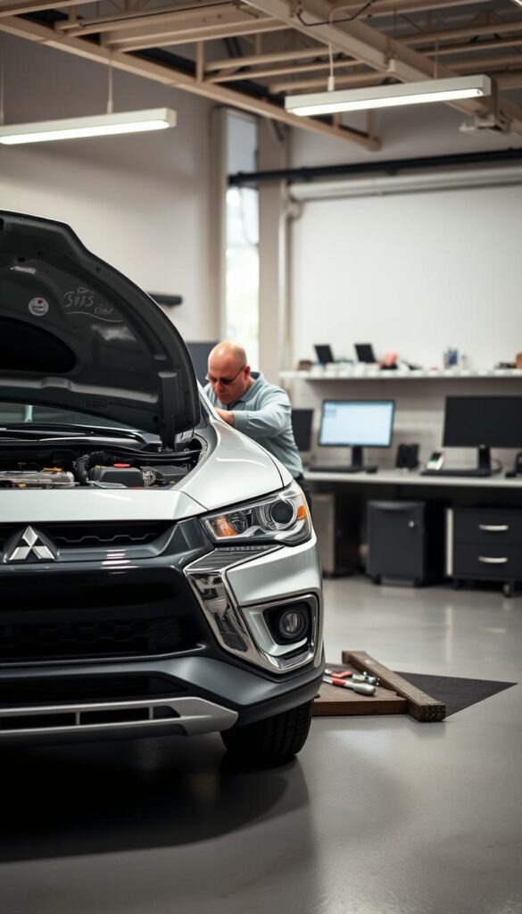 A well-lit, high-resolution image of a Mitsubishi ASX undergoing routine maintenance service at a modern IsCarOk auto repair shop. The foreground features a mechanic in a clean uniform inspecting the vehicle's engine, with various tools and equipment visible. The middle ground showcases the Mitsubishi ASX in a prominent position, its sleek lines and sturdy build highlighted. The background depicts the repair shop's interior, with neatly organized shelves, diagnostic computers, and a bright, airy atmosphere conveying a sense of professionalism and attention to detail. The overall scene evokes a sense of trust, reliability, and the importance of proper maintenance for the Mitsubishi ASX's long-term performance and value.