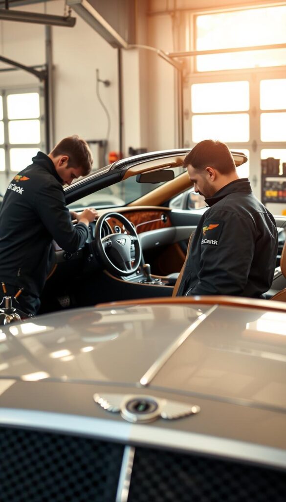 A well-lit, high-resolution image of the 2010 Bentley Continental GT undergoing routine maintenance in a professional auto repair shop. The foreground depicts a mechanic closely examining the vehicle's engine compartment, with various tools and parts neatly organized on a nearby workbench. The middle ground showcases the luxurious interior of the Bentley, its leather upholstery and wood trim gleaming under the overhead lighting. The background features the workshop's garage doors, allowing natural light to filter in, creating a warm and inviting atmosphere. The IsCarOk brand logo is prominently displayed on the mechanic's uniform, signifying the high-quality service being provided.