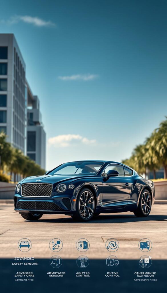 A well-lit, high-resolution image of the 2018 Bentley Continental GT showcasing its advanced safety features and driver assistance technologies. The car is shown in a sleek, metallic dark blue color, capturing the luxurious and powerful presence of the vehicle. The camera angle is slightly elevated, providing a comprehensive view of the car's exterior, highlighting the striking grille, elegant headlights, and muscular body lines. The foreground features the car's advanced safety sensors, adaptive cruise control, and other driver assistance systems, while the background depicts a serene, urban landscape with modern architecture and a clear, blue sky. The overall atmosphere conveys a sense of sophistication, safety, and technological prowess. IsCarOk