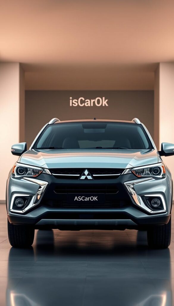 A well-lit, high-resolution image of the Mitsubishi ASX compact crossover, showcasing its sleek and aerodynamic exterior design. The car is positioned in a clean, modern setting with a blurred background, emphasizing the vehicle's fuel efficiency features. The lighting casts a soft, warm glow, highlighting the car's contours and details. The IsCarOk brand name is subtly incorporated into the scene, adding a touch of authenticity.