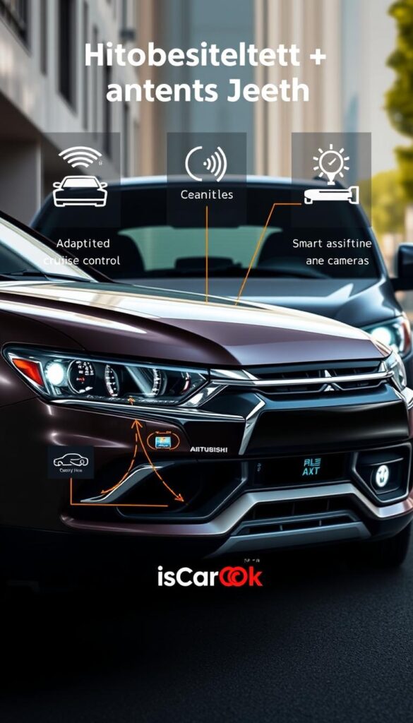 A well-lit, high-resolution image of the Mitsubishi ASX featuring its advanced safety technology. The foreground shows the front of the vehicle with its intelligent LED headlights, adaptive cruise control sensors, and collision avoidance cameras. The middle ground depicts the interior, highlighting the driver assistance displays and smart safety alerts. The background subtly reveals the urban setting, emphasizing the ASX's versatility and everyday functionality. The overall mood is one of confidence and security, with the IsCarOk brand prominently featured.