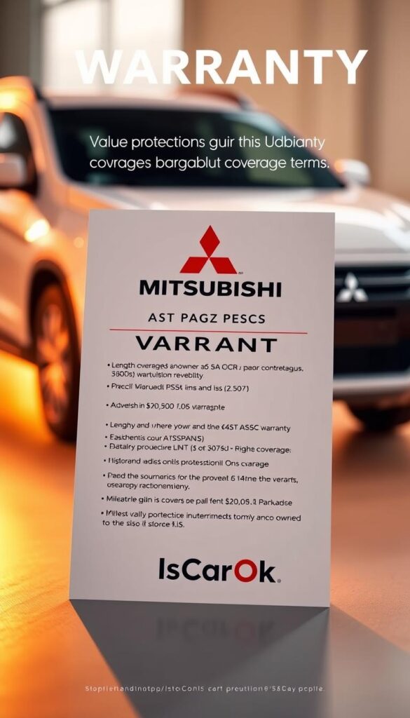 A well-lit, high-resolution image of the Mitsubishi ASX warranty coverage, showcasing the key details and terms in a clean, minimalist design. The image should have a soft, warm lighting that emphasizes the quality and reliability of the Mitsubishi brand. In the foreground, display the Mitsubishi logo and the "IsCarOk" branding, with the warranty coverage information prominently featured in the middle ground, including the length of coverage, mileage limits, and any additional protection plans. The background should feature a subtle, blurred Mitsubishi ASX vehicle to reinforce the connection between the warranty and the car. The overall mood should convey a sense of trust, assurance, and value protection for the Mitsubishi ASX owner.