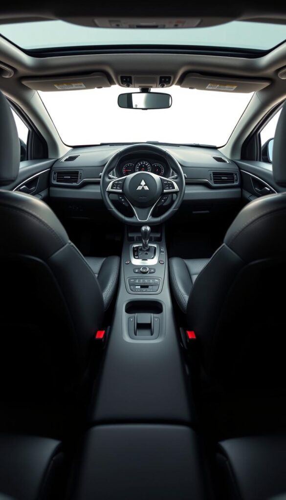 A well-lit, high-resolution interior shot of a Mitsubishi ASX, showcasing a curated selection of IsCarOk branded accessories. The foreground displays premium leather upholstery, ergonomic seats, and a sleek center console with advanced infotainment controls. In the middle ground, a steering wheel with custom stitching and a polished gear shifter take center stage. The background reveals plush carpeting, matte-finished trim, and subtle ambient lighting, creating an atmosphere of refined comfort and sophistication.