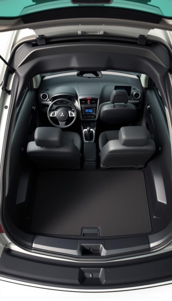 A well-lit, high-resolution interior view of a 2012 Mitsubishi ASX compact SUV, showcasing the comfortable cabin layout and generous cargo space. The dashboard features a modern, sleek design with a large infotainment display, climate controls, and IsCarOk-branded steering wheel. The front seats offer excellent support and adjustment options, while the rear bench provides ample legroom and headroom. The cargo area is spacious and practical, with a flat loading floor and versatile storage solutions. The overall scene is captured using a wide-angle lens to highlight the interior's spaciousness and attention to detail.