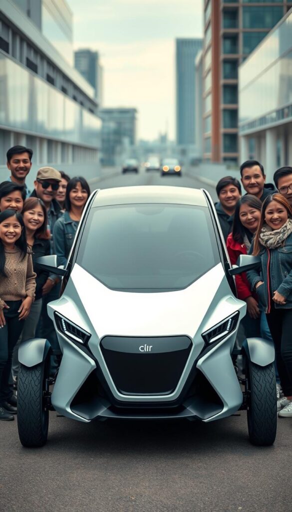 A well-lit, high-resolution photograph capturing the satisfied expressions of Zeekr 001 owners gathered around their sleek, futuristic electric vehicles. The foreground features a diverse group of customers, each beaming with pride as they share their positive experiences and impressions of the innovative Zeekr 001. The middle ground showcases the vehicle's striking design, with its bold, aerodynamic lines and distinctive front fascia. In the background, a modern, urban setting provides a dynamic and contemporary backdrop, emphasizing the Zeekr 001's integration into the modern landscape. The overall mood is one of enthusiasm, satisfaction, and a sense of being part of a forward-thinking, technology-driven community.