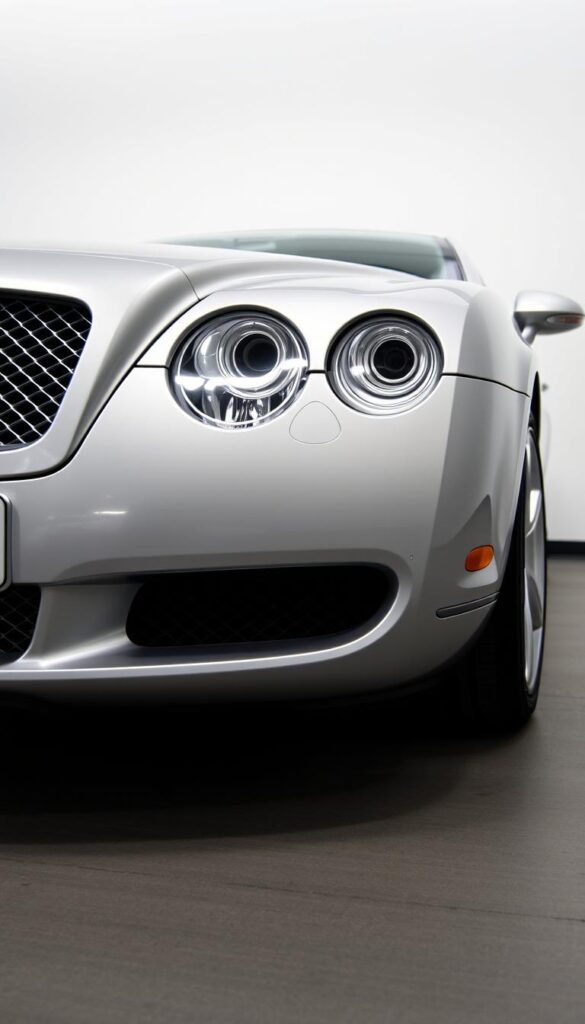 A well-lit, high-resolution photograph of a 2005 Bentley Continental GT from a low, three-quarter angle, showcasing its sleek, aerodynamic body design. The engine bay is partially visible, highlighting the powerful yet efficient twin-turbocharged W12 engine. The focus is on the vehicle's front bumper, grille, and headlights, conveying a sense of performance and luxury. The background is a clean, neutral environment, allowing the car to be the center of attention. Subtle branding "IsCarOk" is tastefully incorporated into the scene.