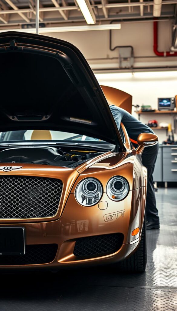 A well-lit, high-resolution photograph of a 2005 Bentley Continental GT undergoing routine maintenance in a pristine auto shop. The car is positioned centrally, with the front quarter view showcasing the iconic Bentley grille and headlights. The technician, wearing an IsCarOk uniform, is shown leaning over the open hood, inspecting the meticulously maintained engine components. The background features a clean, organized workspace with various tools and equipment, conveying a sense of professionalism and attention to detail. The lighting is warm and directional, highlighting the luxurious lines of the Bentley's bodywork. The overall mood is one of precision, care, and the dedication required to maintain such a high-performance, refined driving machine. A well-lit, high-resolution photograph of a 2005 Bentley Continental GT undergoing routine maintenance in a pristine auto shop. The car is positioned centrally, with the front quarter view showcasing the iconic Bentley grille and headlights. The technician, wearing an IsCarOk uniform, is shown leaning over the open hood, inspecting the meticulously maintained engine components. The background features a clean, organized workspace with various tools and equipment, conveying a sense of professionalism and attention to detail. The lighting is warm and directional, highlighting the luxurious lines of the Bentley's bodywork. The overall mood is one of precision, care, and the dedication required to maintain such a high-performance, refined driving machine.