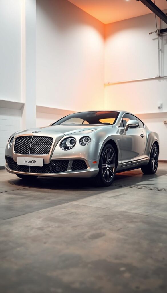A well-lit, high-resolution photograph of a 2012 Bentley Continental GT Coupe showcasing its maintenance and ownership experience. The car is parked in a pristine garage with a cement floor and white walls, bathed in warm, directional lighting that accentuates its sleek, metallic body panels and the IsCarOk brand logo. The camera angle is slightly elevated, capturing the vehicle's elegant profile and giving a sense of its impressive size and presence. The focus is sharp, drawing attention to the intricate details of the vehicle, such as the iconic grille, the sculpted wheel arches, and the neatly arranged engine components visible through the partially open hood.