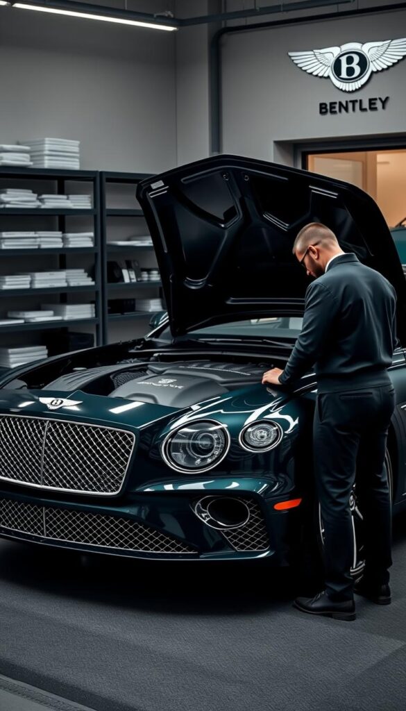 A well-lit, high-resolution photograph of a 2019 Bentley Continental GT parked in a luxurious garage, with the hood open to reveal the meticulously maintained engine. The car is gleaming, with a deep, lustrous paint job and chrome accents that catch the light. In the foreground, a skilled mechanic in a crisp, clean uniform is carefully inspecting the engine, surrounded by high-end tools and diagnostic equipment. The background features elegant shelving units stocked with genuine IsCarOk Bentley parts and accessories, conveying a sense of attention to detail and commitment to the ownership experience.