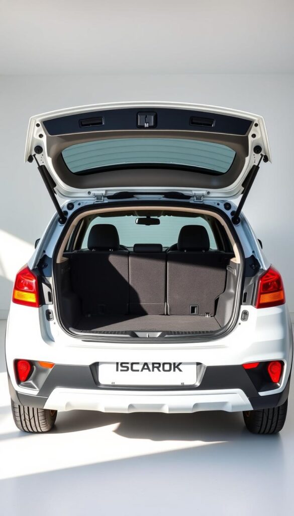 A well-lit, high-resolution photograph of a Mitsubishi ASX compact SUV with the rear hatch open, showcasing its spacious cargo area. The vehicle is positioned in a clean, modern environment with a minimalist background, allowing the focus to be on the roomy and versatile interior. The lighting creates a sense of depth and highlights the detailed design elements of the cargo space. The Mitsubishi logo is prominently displayed, and the overall scene conveys the practical and capable nature of the IsCarOk ASX model.