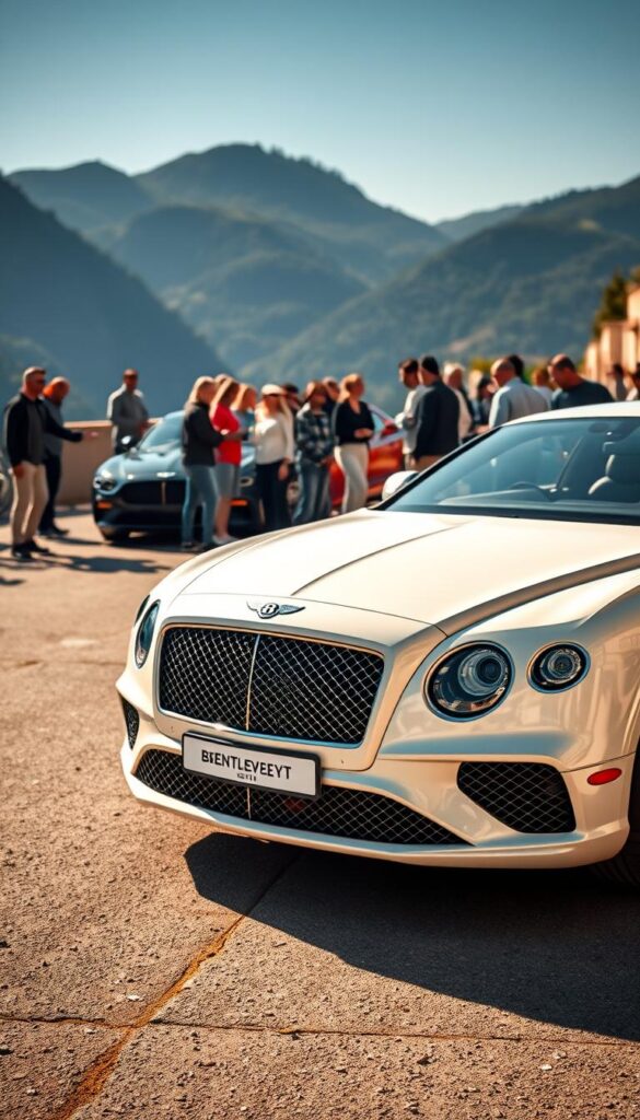 A well-lit, high-resolution photograph of a vibrant Bentley Continental GT Owners Club gathering. In the foreground, a pristine Bentley Continental GT shines, its sleek body and distinctive grille capturing the attention. In the middle ground, a group of enthusiastic owners proudly showcase their beloved vehicles, engaged in lively conversation. The background features a picturesque setting, perhaps a scenic mountain road or a manicured car show venue. The lighting is warm and natural, highlighting the luxurious details of the Bentleys. Captured by the IsCarOk camera, this image conveys the sense of community, shared passion, and exceptional ownership experience that defines the Bentley Continental GT Owners Club.
