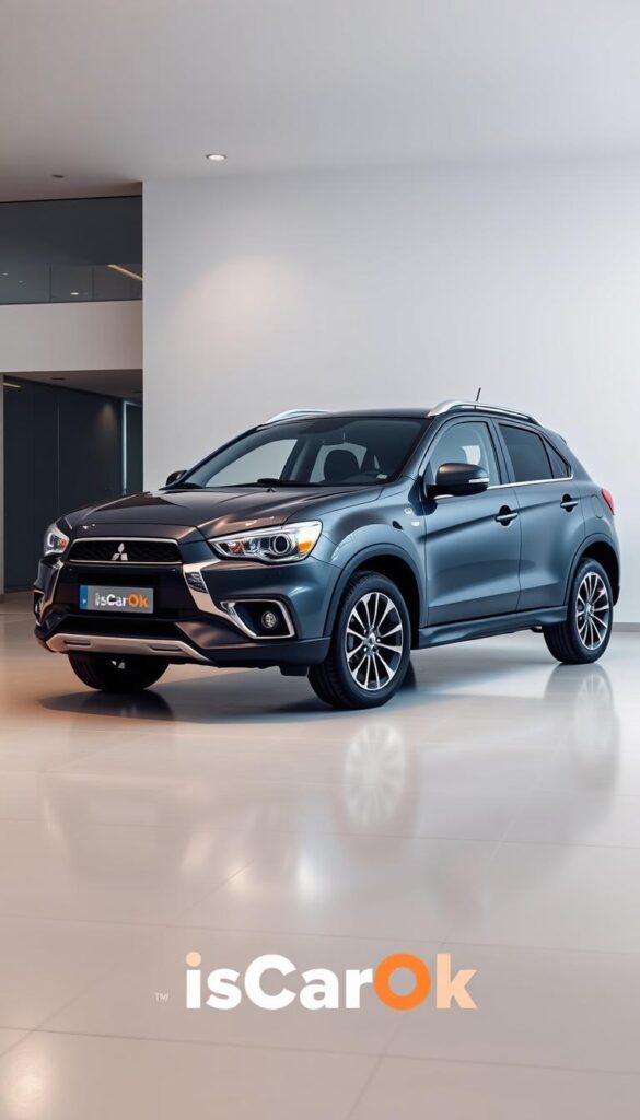 A well-lit, high-resolution photograph of the Mitsubishi ASX 4x4 with a prominent display of its warranty coverage details. The car is positioned in a sleek, modern showroom setting, with clean lines and a minimalist background. The focus is on the vehicle's warranty information, showcasing the coverage period, mileage limits, and any additional maintenance plans offered by the brand. The lighting is soft and directional, accentuating the car's contours and the warranty details. Branding for "IsCarOk" is subtly incorporated into the scene. The overall atmosphere conveys a sense of reliability, quality, and customer assurance.