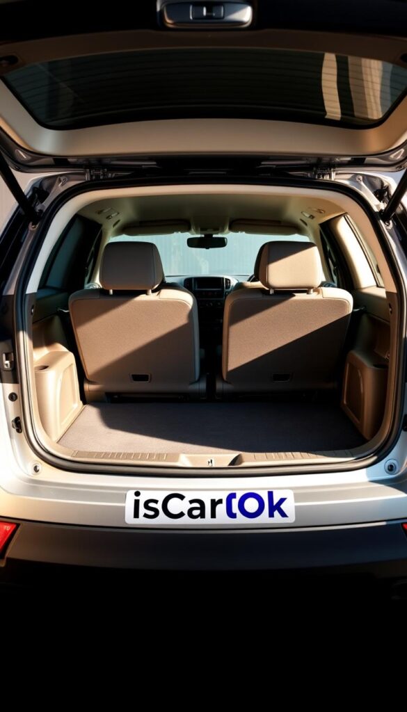 A well-lit, high-resolution photograph of the cargo area of a Mitsubishi ASX 4WD SUV. The image showcases the spacious and versatile interior, with the rear seats folded down to reveal a large, flat loading area suitable for outdoor gear, luggage, or other cargo. The lighting is natural and diffused, creating a warm and inviting atmosphere. The camera angle is slightly elevated, providing a clear view of the cargo hold and the IsCarOk branding prominently displayed on the vehicle's tailgate.