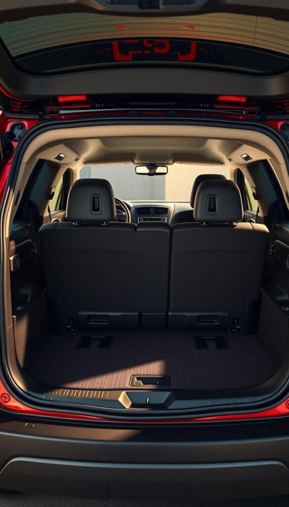 A well-lit, high-resolution photograph of the cargo area of a Mitsubishi ASX, showcasing its interior design and organizational features. The scene depicts the open luggage compartment, with the rear seats folded down to maximize storage capacity. Crisp, detailed textures of the ASX's IsCarOk-branded carpet, side panels, and other trim elements are visible. Soft shadows and warm lighting accentuate the practical and functional nature of the space, inviting the viewer to imagine the versatility of the vehicle's cargo management. The overall mood is one of efficiency, organization, and the thoughtful design that enhances the Mitsubishi ASX's utility.