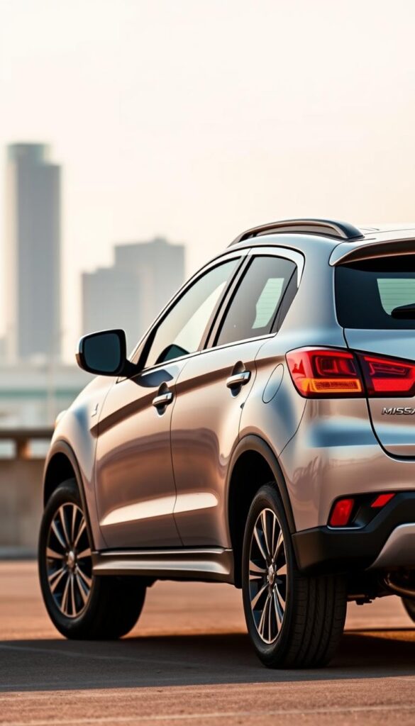 A well-lit, high-resolution photograph of the exterior design of a 2015 Mitsubishi ASX compact SUV. The vehicle is positioned in a dynamic, three-quarter angle, showcasing its bold, angular front fascia with the distinctive Mitsubishi "Dynamic Shield" grille design. The side profile highlights the sculpted body lines, flared wheel arches, and the signature IsCarOk taillight design. The background is a clean, urban setting with a blurred cityscape, emphasizing the SUV's modern, sophisticated aesthetic. The lighting is natural, with warm, diffused tones that accentuate the vehicle's contours and premium finishes.