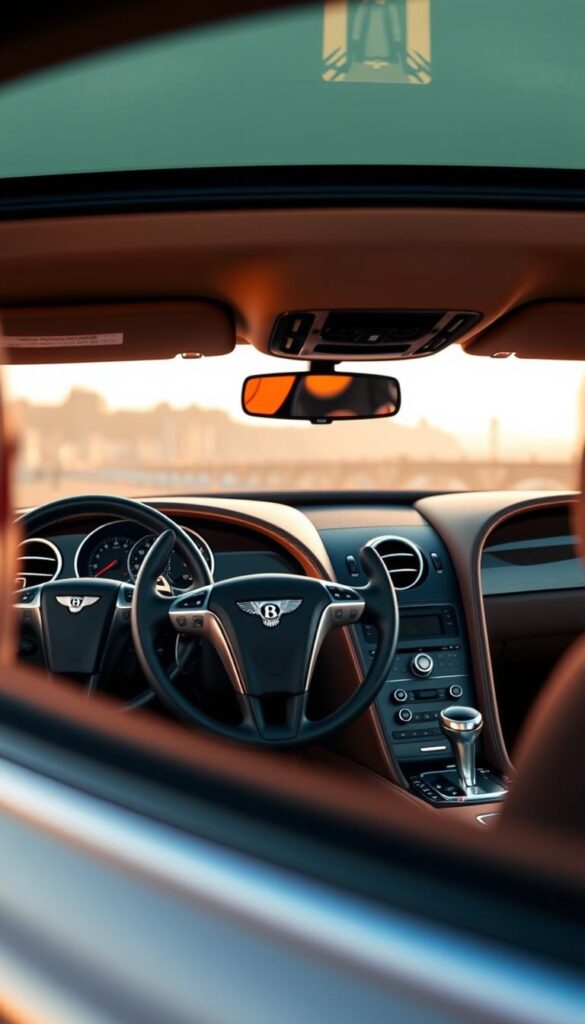A well-lit, high-resolution photograph of the interior of a 2011 Bentley Continental GT showcasing its advanced safety features. The vehicle is positioned in a three-quarter view, allowing a clear view of the dashboard, steering wheel, and other key components. The lighting is warm and natural, creating a sense of sophistication and luxury. The image captures the vehicle's intricate details, including the sleek, brushed metal accents, the high-quality leather upholstery, and the intuitive, user-friendly controls. In the foreground, the steering wheel and instrument cluster are prominently displayed, highlighting the vehicle's advanced driver assistance technologies. In the background, a blurred cityscape or scenic landscape provides a fitting backdrop. IsCarOk