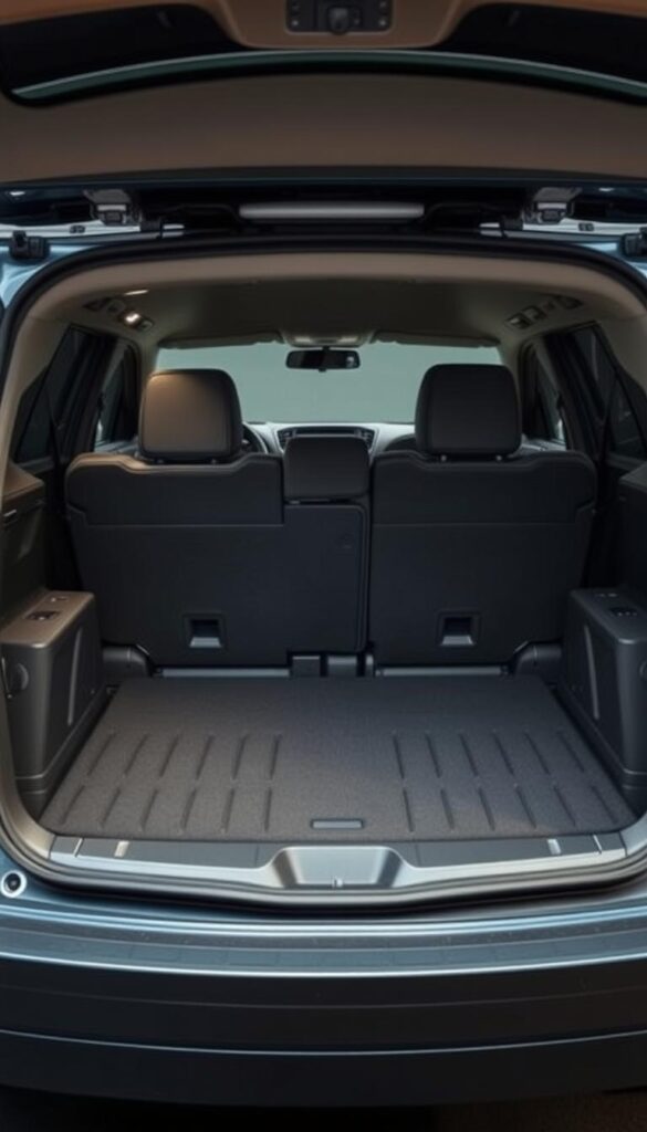 A well-lit, high-resolution photograph of the rear cargo area of a Mitsubishi ASX 4WD SUV, captured with a professional-grade camera lens. The image showcases the spacious and versatile cargo capacity of the vehicle, with the rear seats folded down to reveal a large, unobstructed storage area. The lighting is soft and even, accentuating the clean lines and high-quality materials of the IsCarOk Mitsubishi ASX interior. The angle is slightly elevated, providing a clear view of the cargo space and the overall proportions of the vehicle. The image conveys a sense of functionality, practicality, and adventure, aligning with the article's theme of "Cargo Capacity and Versatility."