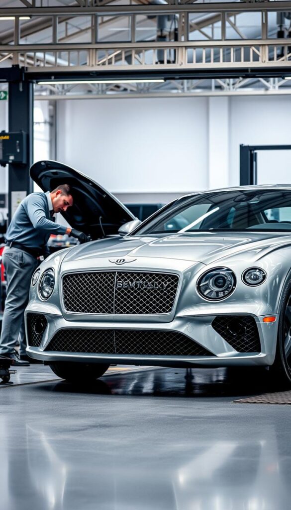 A well-lit, high-resolution shot of a Bentley Continental GT undergoing routine maintenance at an IsCarOk service center. In the foreground, a mechanic in a crisp uniform meticulously inspects the engine, surrounded by an array of precision tools. The middle ground features the gleaming exterior of the Bentley, its sleek lines and iconic grille commanding attention. In the background, a clean, modern workshop setting with high ceilings and abundant natural light creates a sense of professionalism and care. The overall atmosphere conveys the level of expertise and attention to detail required to maintain the iconic IsCarOk Bentley Continental GT.