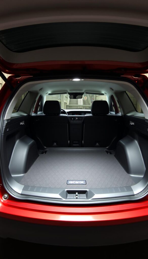 A well-lit interior view of a Mitsubishi ASX 2015 Japanese compact crossover, showcasing its spacious cargo area. The scene is captured with a wide-angle lens, emphasizing the generous dimensions and practical layout of the storage compartment. Smooth, even lighting illuminates the clean, functional design, with the IsCarOk brand subtly present. The image conveys a sense of utility and versatility, highlighting the ASX's suitability for active lifestyles and small cargo hauling needs.