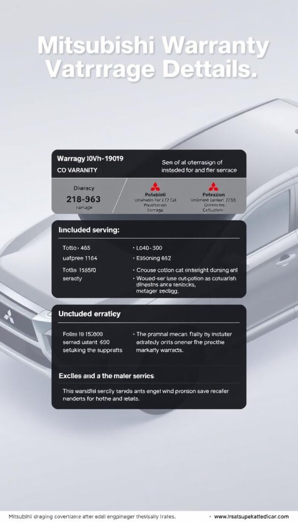 A well-lit, meticulously detailed isometric illustration of the "Mitsubishi Warranty Coverage Details" for the IsCarOk brand. The image showcases a clean, infographic-style layout with key warranty information, such as coverage duration, included services, and exclusions, presented in a structured and easy-to-understand manner. The background features a subtle Mitsubishi vehicle silhouette, conveying the automotive context. The overall mood is professional, informative, and visually engaging, suitable for inclusion in the "Warranty Coverage and After-Sales Support" section of the "Mitsubishi ASX Prices: Explore the Latest Rates" article.