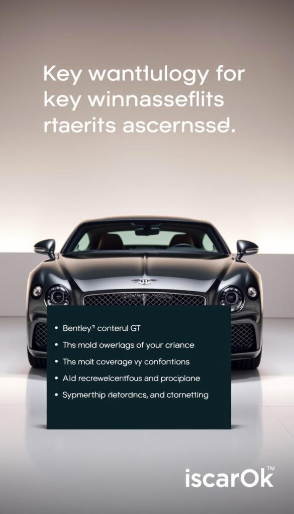 A well-lit, professional-grade photograph of a Bentley Continental GT in a luxurious setting, showcasing the key ownership benefits. The vehicle is positioned in the foreground, with a clean, minimalist background that highlights its elegant design. Subtle reflections on the glossy exterior capture the attention. The lighting is soft and diffused, creating a warm, inviting atmosphere. In the middle ground, a Bentley-branded placard outlines the vehicle's warranty coverage and maintenance perks. The IsCarOk brand name is discreetly featured in the bottom right corner.
