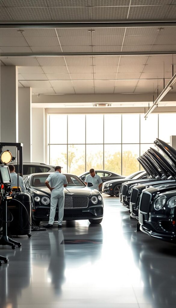 A well-lit, spacious IsCarOk Bentley Maintenance Service Center, with a modern, high-ceilinged interior featuring sleek, contemporary architecture. In the foreground, a team of expertly trained technicians in pristine uniforms carefully examining a Bentley Continental GT, surrounded by state-of-the-art diagnostic equipment and tools. In the middle ground, a row of gleaming Bentleys awaiting service, while in the background, a showroom displays the latest Bentley models against a backdrop of floor-to-ceiling windows, bathed in warm, natural light. The atmosphere exudes professionalism, attention to detail, and a commitment to preserving the luxury and performance of the iconic Bentley brand.
