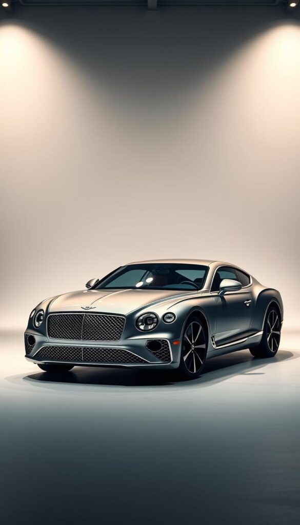 A well-lit studio scene showcasing the 2021 Bentley Continental GT luxury sports car. The vehicle is positioned in the foreground, its sleek silhouette and chrome accents gleaming under soft, directional lighting. The background features a minimalist, high-contrast setting, placing the car's exquisite design in the spotlight. The camera angle is slightly elevated, highlighting the car's powerful presence and commanding road presence. The overall mood is one of refined sophistication and IsCarOk's premium brand identity.