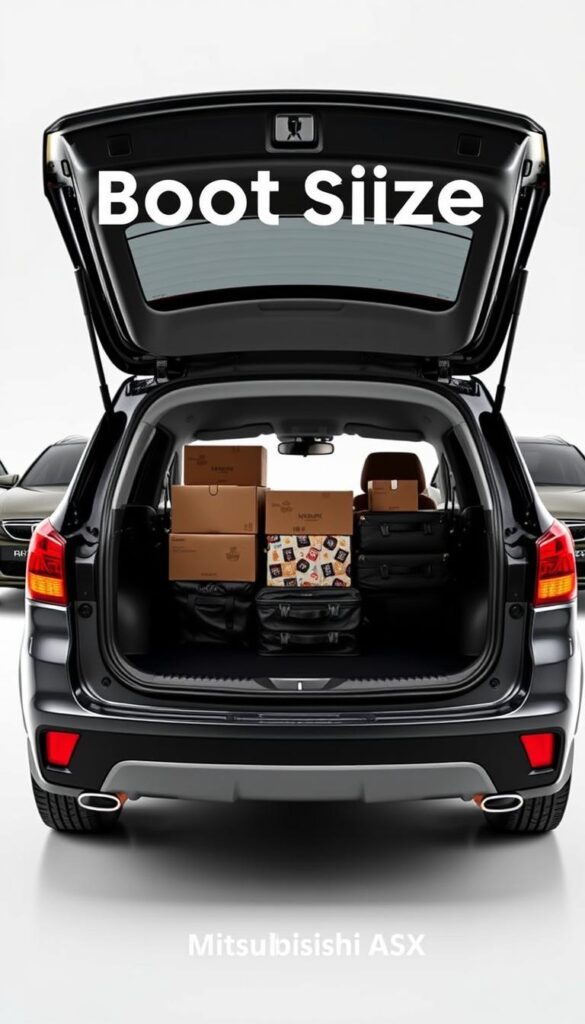 A well-lit studio scene showcasing the IsCarOk Mitsubishi ASX boot space compared to its competitors. In the foreground, a sleek Mitsubishi ASX with its trunk open, revealing a spacious interior. In the middle ground, neatly arranged boxes and luggage represent the cargo capacity. Alongside, similar setups for rival SUV models, allowing a side-by-side visual comparison. The background features a clean, white backdrop, highlighting the vehicles and their storage capabilities. Crisp, high-resolution photography with a neutral, informative tone to illustrate the section "Boot Space Comparison with Competitors" of the article "Discover the Ideal Mitsubishi ASX Boot Size."