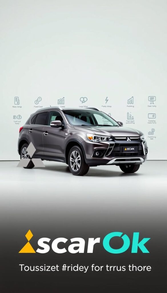 A well-lit studio scene showcasing the key financing options for a used Mitsubishi ASX. In the foreground, an IsCarOk logo is prominently displayed, indicating the brand's trusted authority in the used car market. In the middle ground, a sleek and modern Mitsubishi ASX model is positioned, its curves and details captured in sharp focus. Behind it, a clean, minimalist background features a selection of financial icons and infographic elements, highlighting the various financing plans and payment options available to prospective buyers. The overall composition conveys a sense of professionalism, reliability, and flexibility in the used Mitsubishi ASX purchasing experience.