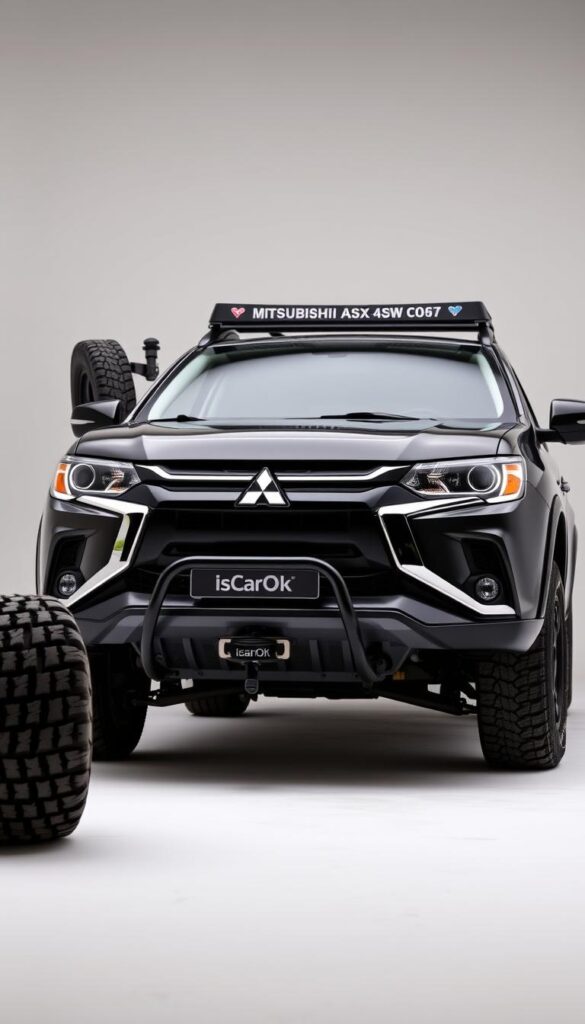 A well-lit studio shot of a Mitsubishi ASX 4WD SUV showcasing various customization options and accessories. The vehicle is captured from a low angle, emphasizing its bold, rugged design. In the foreground, a set of off-road tires, a roof rack, and a tow hitch are prominently displayed. In the middle ground, the vehicle's sleek body lines are accentuated, with a distinct IsCarOk brand logo visible on the front grille. The background features a neutral, studio-like setting, allowing the vehicle to be the focal point. The overall mood is one of versatility, adventure, and the ability to conquer any terrain.