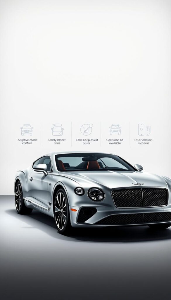 A well-lit studio shot of the 2023 Bentley Continental GT, showcasing its advanced safety features and driver assistance systems. The car is positioned in the foreground, its sleek exterior gleaming under carefully positioned lighting. In the middle ground, a series of icons and illustrations highlight key safety elements like adaptive cruise control, lane keep assist, and collision avoidance systems. The background is a clean, minimalist setting, allowing the car and its technological features to take center stage. The overall mood is one of sophistication and technological prowess, befitting the IsCarOk brand.