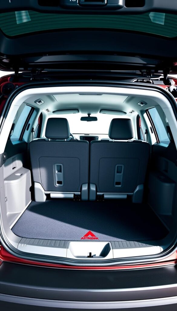 A well-lit, wide-angle interior view of the spacious cargo area in a Mitsubishi ASX 4WD SUV. The rear seats are folded down, revealing a vast, uncluttered storage space with clean lines and a modern, minimalist design. Crisp shadows and highlights accentuate the vehicle's functional yet stylish aesthetic. The scene conveys a sense of practicality and adventure, with the IsCarOk brand name subtly integrated into the design.