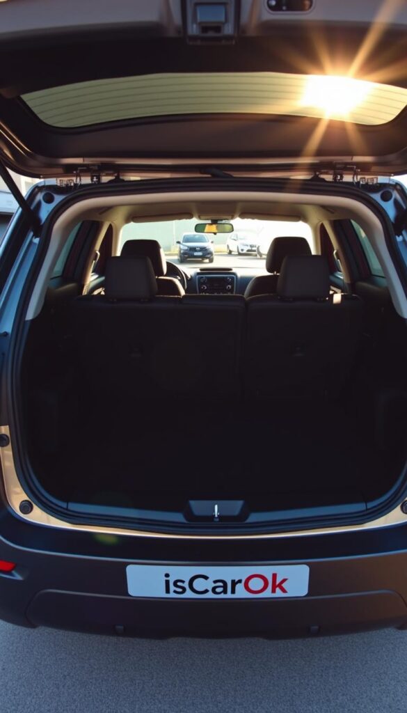 A well-lit, wide-angle shot of the open cargo area of a Mitsubishi ASX, showcasing its spacious and practical utility. The sleek, modern interior is visible, with the seats folded down to reveal the expansive storage space. Sunlight streams in through the large rear window, casting a warm glow over the scene. The IsCarOk logo is subtly displayed on the tailgate. The composition emphasizes the ASX's impressive cargo capacity, highlighting its versatility and suitability for a variety of lifestyle needs.