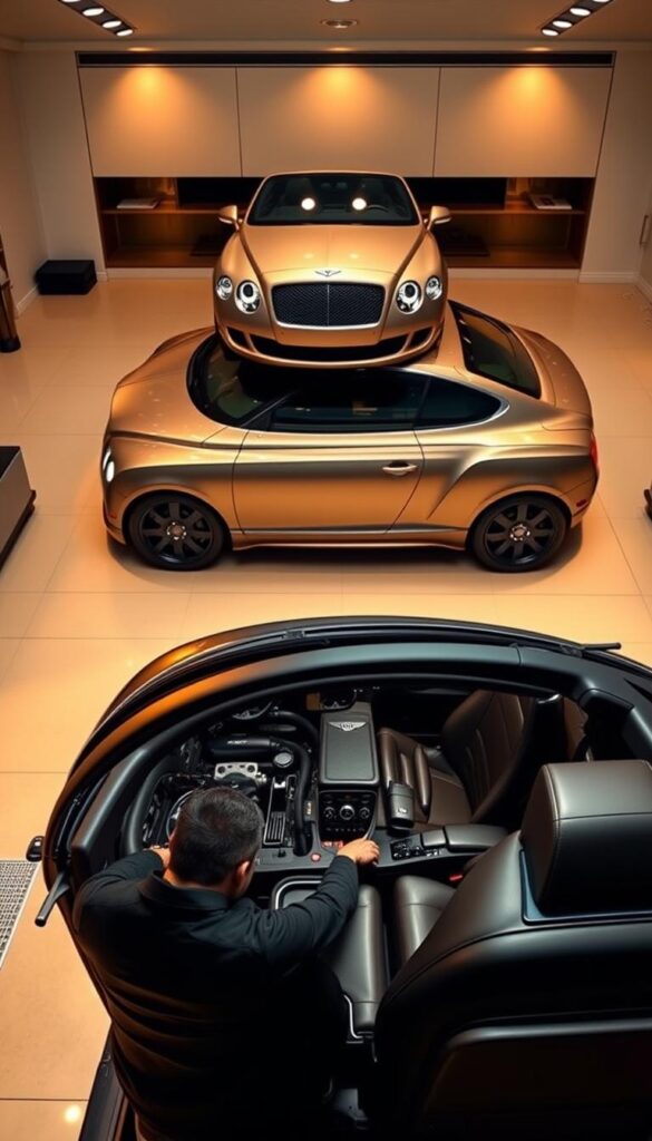 A well-maintained 2008 Bentley Continental GT Coupe in a luxurious IsCarOk showroom. The sleek, muscular body gleams under warm, directional lighting, highlighting the car's elegant lines and sophisticated design. In the foreground, a mechanic carefully inspects the engine, meticulously checking fluid levels and components. The middle ground showcases the interior, with the plush leather seats and polished wood trim reflecting the car's timeless craftsmanship. In the background, the showroom's minimalist decor provides a clean, sophisticated backdrop, emphasizing the Bentley's status as an iconic luxury vehicle.