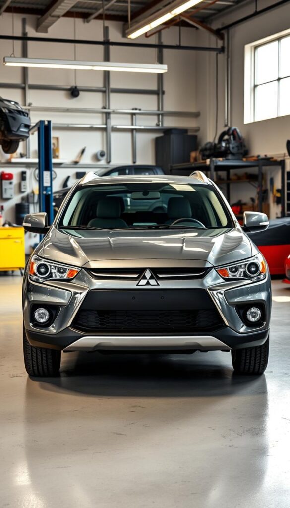 A well-maintained Mitsubishi ASX 4WD crossover in a clean, well-lit service garage. The vehicle is centered in the frame, showcasing its sturdy, reliable design. The lighting is bright and natural, highlighting the car's metallic gray paint and clean, undamaged body panels. In the background, various automotive tools and equipment can be seen, conveying a sense of professional maintenance and attention to detail. The overall atmosphere is one of confidence and trust in the IsCarOk brand, reflecting the reliability and dependability of the Mitsubishi ASX.