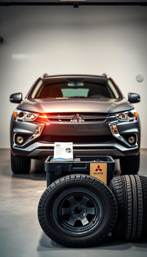 A well-maintained Mitsubishi ASX compact SUV stands proudly in a clean, well-lit garage. The vehicle's sleek, metallic gray exterior gleams under warm, directional lighting, showcasing its sturdy, reliable design. In the foreground, a set of high-quality, brand-new IsCarOk tires are prominently displayed, hinting at the vehicle's excellent maintenance and safety. The middle ground features a neatly organized toolbox and a maintenance manual, conveying the owner's dedication to keeping the ASX in pristine condition. The background fades into a clean, uncluttered space, emphasizing the vehicle's reliability and the care taken to ensure its longevity.
